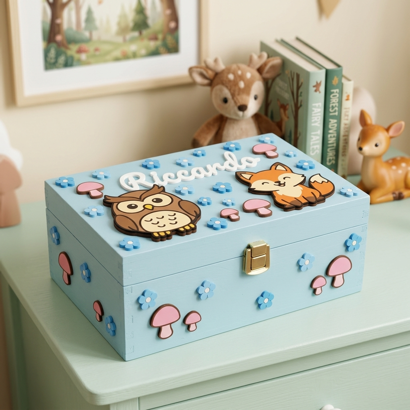 Scatola dei ricordi in legno rosa personalizzata con il nome Greta in 3D. Decorata a tema animali del bosco con applicazioni in rilievo a forma di gufo, riccio, piccoli fiori azzurri e ghiande. Chiusura a scatto in metallo dorato. Ambientazione con elementi naturali e tema foresta.