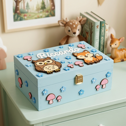 Scatola dei ricordi in legno rosa personalizzata con il nome Greta in 3D. Decorata a tema animali del bosco con applicazioni in rilievo a forma di gufo, riccio, piccoli fiori azzurri e ghiande. Chiusura a scatto in metallo dorato. Ambientazione con elementi naturali e tema foresta.