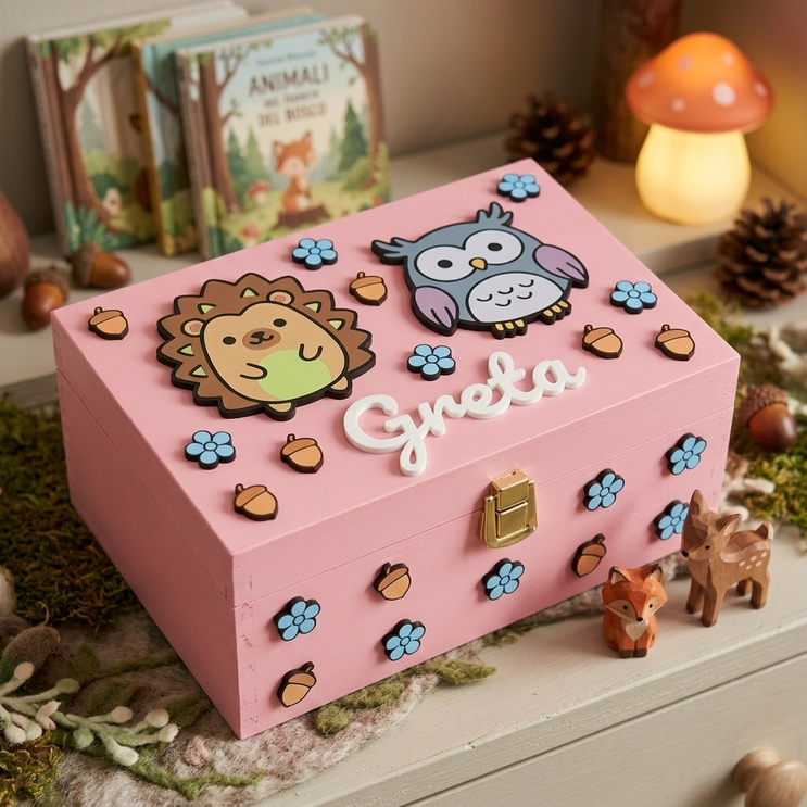 Scatola dei ricordi in legno rosa personalizzata con il nome Greta in 3D. Decorata a tema animali del bosco con applicazioni in rilievo a forma di gufo, riccio, piccoli fiori azzurri e ghiande. Chiusura a scatto in metallo dorato. Ambientazione con elementi naturali e tema foresta.