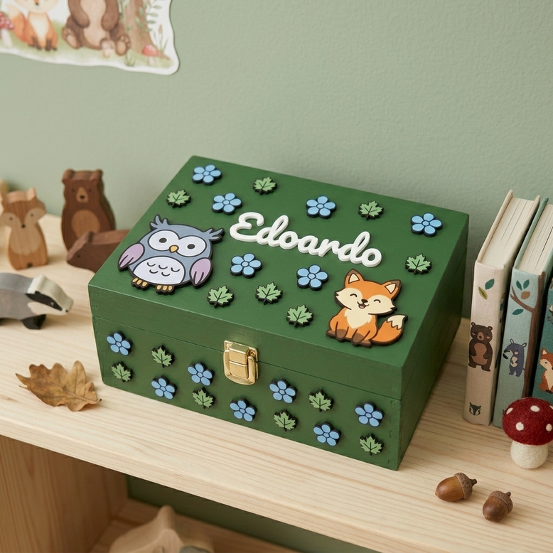 Scatola dei ricordi in legno verde personalizzata con nome Edoardo, decorata con animali del bosco in rilievo tra cui un gufo e una volpe, foglie e fiori azzurri.