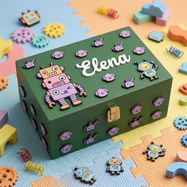 Scatola in legno verde portagiochi personalizzata con il nome Elena in rilievo bianco, decorata con applicazioni 3D di robot colorati e cagnolini, posizionata su un tappeto da gioco puzzle.