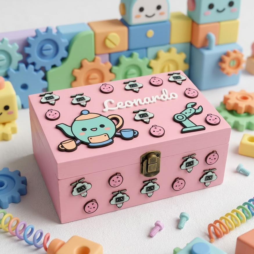 Scatola in legno rosa personalizzata con nome Leonardo, decorata con applicazioni 3D di una teiera sorridente e piccoli robot, circondata da ingranaggi e costruzioni giocattolo color pastello.