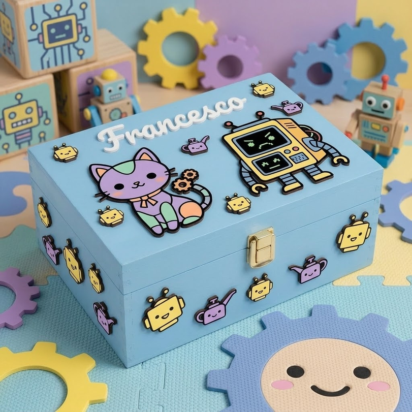 Scatola di legno azzurra personalizzata Francesco con decorazioni robot e gatto.