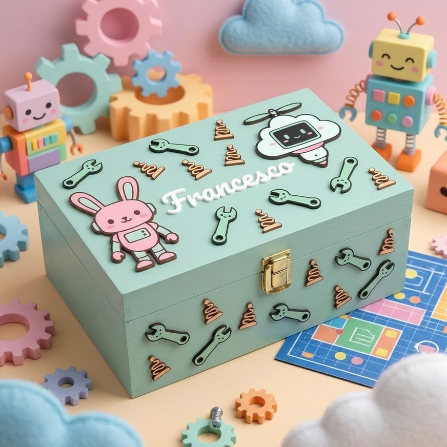 Scatola dei ricordi in legno verde menta personalizzata con il nome Francesco in rilievo, decorata con applicazioni in legno a tema robotica e meccanica tra cui chiavi inglesi, molle, un coniglietto robot e una nuvoletta.