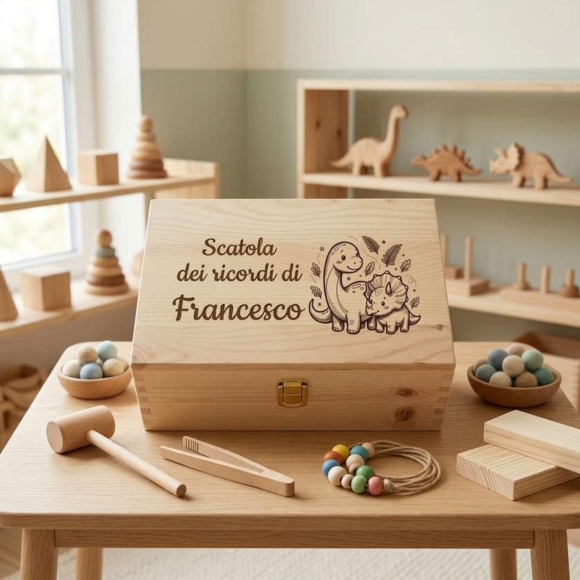 Scatola dei ricordi in legno personalizzata con il nome Francesco e incisione a tema dinosauri, circondata da giochi in legno stile Montessori su un tavolino per bambini.
