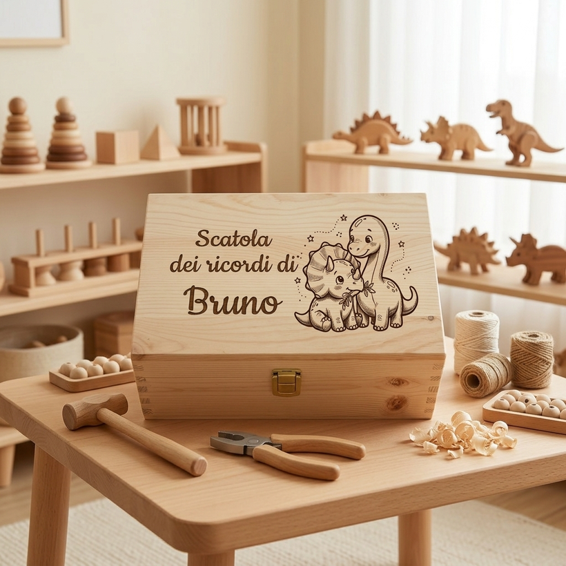 Scatola dei ricordi in legno personalizzata per bambino con incisione del nome Bruno e due piccoli dinosauri, cofanetto artigianale su tavolo con giocattoli in legno.