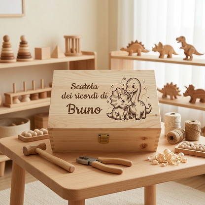 Scatola dei ricordi in legno personalizzata per bambino con incisione del nome Bruno e due piccoli dinosauri, cofanetto artigianale su tavolo con giocattoli in legno.