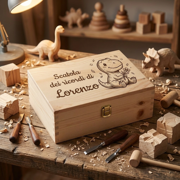 Scatola dei ricordi in legno personalizzata con nome Lorenzo e incisione di un cucciolo di dinosauro. Cofanetto artigianale fotografato su un banco da lavoro rustico con scalpelli da falegname, trucioli e dinosauri giocattolo in legno sullo sfondo.
