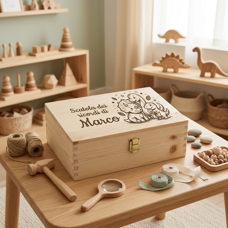Scatola dei ricordi in legno per bambini personalizzata con il nome Marco e incisione di dinosauri, posizionata su un tavolino con accessori e giocattoli in legno in stile Montessori.