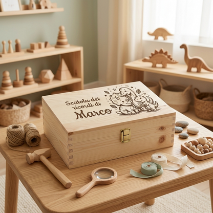 Scatola dei ricordi in legno per bambini personalizzata con il nome Marco e incisione di dinosauri, posizionata su un tavolino con accessori e giocattoli in legno in stile Montessori.