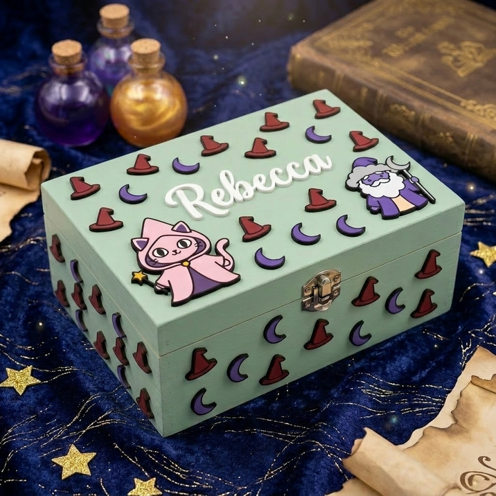 Scatola in legno verde chiaro personalizzata con nome Rebecca in rilievo, decorata con applicazioni 3D a tema magia: gatto con mantello, mago, lune viola e cappelli da strega bordeaux, con chiusura in metallo.
