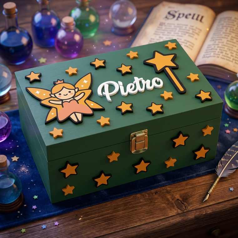 Scatola in legno verde personalizzata con nome Pietro, decorata in rilievo con fatina, bacchetta magica e stelle. Cofanetto portaoggetti a tema magia per bambini.