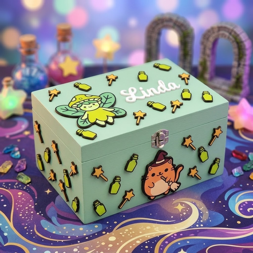 Scatola in legno verde menta personalizzata con nome Linda in rilievo. Portagioie a tema magia fantasy con decorazioni kawaii 3D: fatina fungo, gatto stregone con scopa, pozioni verdi e bacchette magiche.