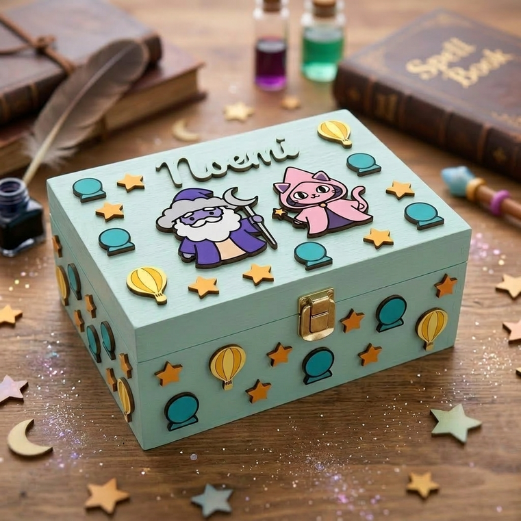 Scatola in legno azzurra personalizzata con nome Noemi in rilievo, decorata con applicazioni 3D a tema magia tra cui un mago, un gatto magico, stelle, mongolfiere e sfere di cristallo.