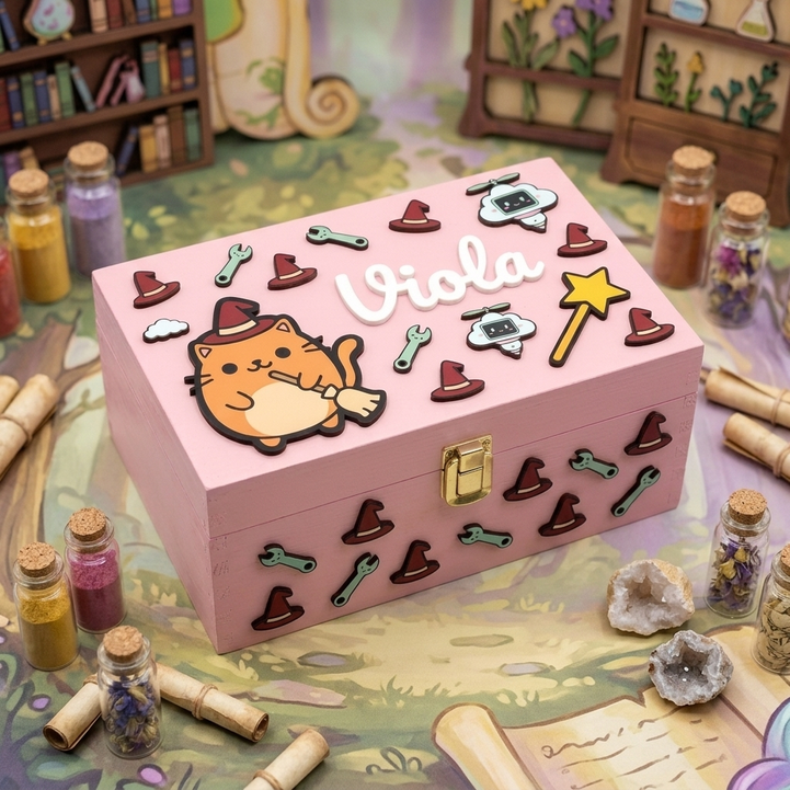 Scatola in legno rosa personalizzata con nome Viola in rilievo, decorazioni 3D a tema magia kawaii con gatto stregone, bacchetta magica, cappelli a punta e chiavi inglesi.