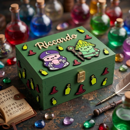 Scatola in legno verde personalizzata con il nome Riccardo, decorata a tema fantasy con figure in rilievo di un mago, un druido, piccole pozioni e cappelli da strega, circondata da ampolle magiche, gemme e un libro di incantesimi.