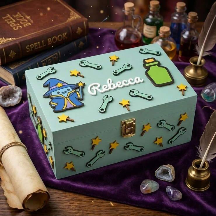Scatola dei ricordi in legno personalizzata con nome Rebecca in rilievo. Cofanetto verde acqua con decorazioni 3D a tema magico e fantasy: maghetto, boccetta di pozione, stelle e chiavi inglesi. Sfondo con velluto viola, libri di incantesimi, cristalli e piume.