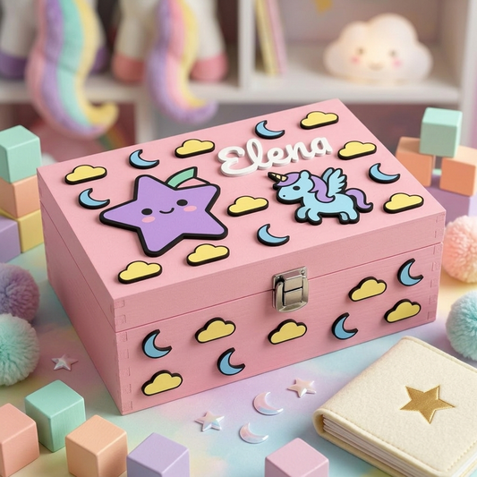 Scatola in legno rosa personalizzata per bambina con nome Elena in rilievo bianco, decorata con applicazioni 3D a tema magico: unicorno azzurro, stella viola sorridente, lune blu e nuvole gialle.