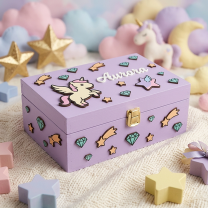 Scatola dei ricordi in legno color lilla personalizzata con il nome Aurora in rilievo, decorata con unicorno alato, stelle, diamanti e stelle cadenti, in un'ambientazione a tema magico con colori pastello.
