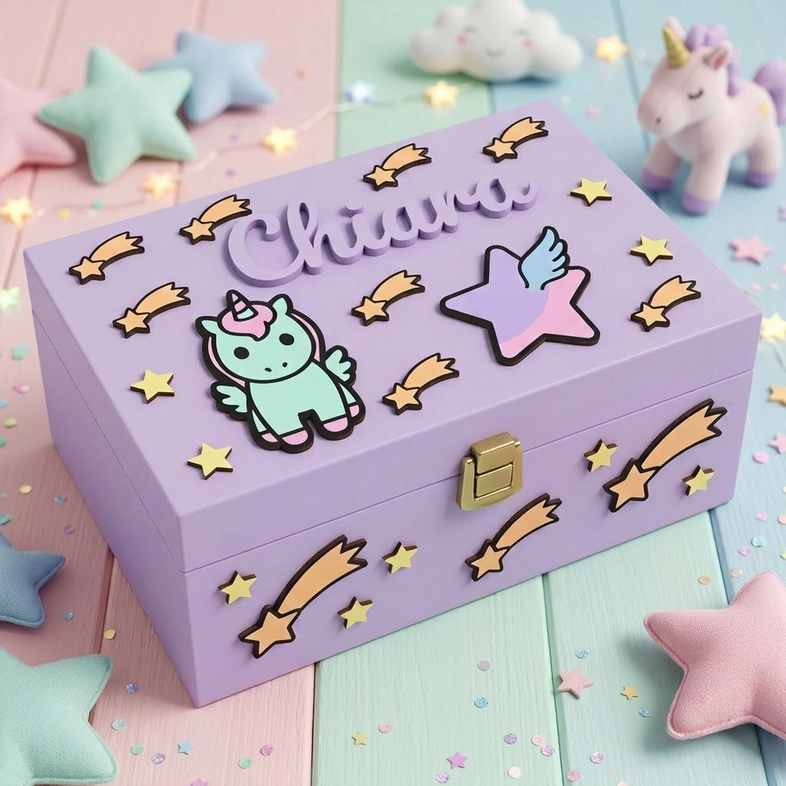 Scatola dei ricordi in legno lilla personalizzata con nome Chiara in 3D, decorata con unicorno pastello, stella alata e stelle cadenti in rilievo.