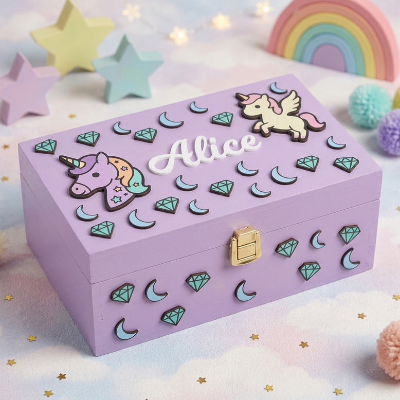 Scatola dei ricordi in legno lilla personalizzata con nome Alice in rilievo bianco, decorata a tema unicorno con diamanti, lune e chiusura dorata frontale.