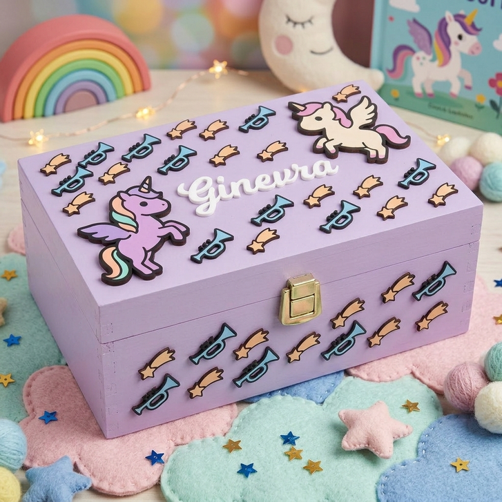 Portagioie e scatola dei ricordi in legno lilla per bambina, personalizzata con il nome Ginevra in 3D bianco, decorata con applicazioni in rilievo di unicorni, stelle e strumenti musicali.
