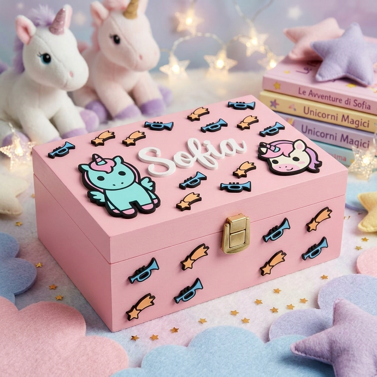 Scatola dei ricordi in legno rosa personalizzata con il nome Sofia in rilievo, decorata con applicazioni 3D di unicorni, stelle cadenti e trombette.