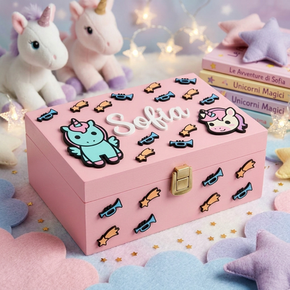 Scatola dei ricordi in legno rosa personalizzata con il nome Sofia in rilievo, decorata con applicazioni 3D di unicorni, stelle cadenti e trombette.