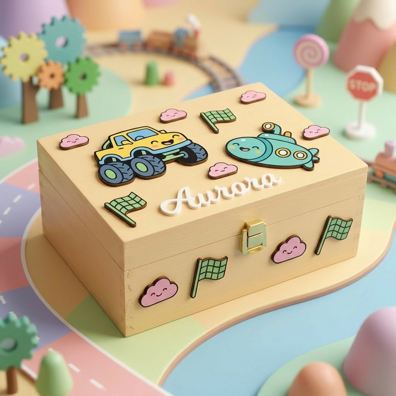 Scatola dei ricordi in legno personalizzata con nome Aurora in rilievo, decorata con applicazioni 3D di un monster truck giallo, un sottomarino verde acqua, nuvolette rosa e bandiere a scacchi.