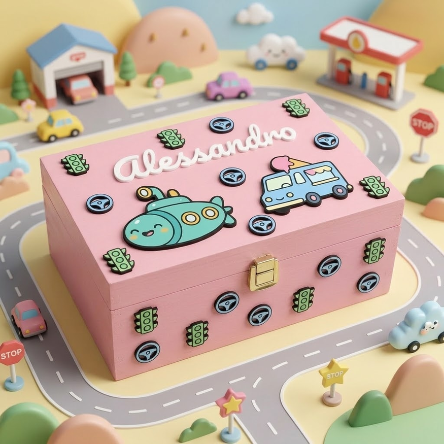 Scatola dei ricordi in legno rosa personalizzata con il nome Alessandro in rilievo. Decorata con applicazioni 3D a tema trasporti: un sottomarino verde, un camioncino dei gelati blu, semafori e volanti. Ambientata su un colorato scenario di gioco per bambini con macchinine, strade ed edifici in miniatura.