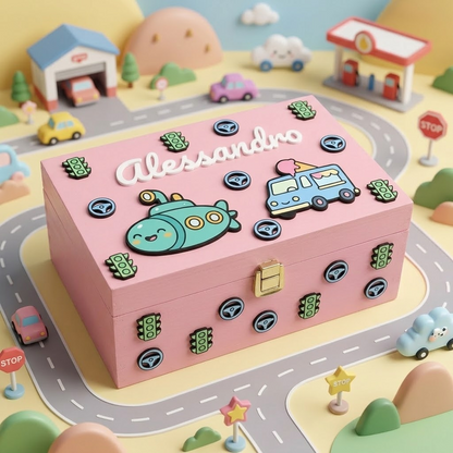 Scatola dei ricordi in legno rosa personalizzata con il nome Alessandro in rilievo. Decorata con applicazioni 3D a tema trasporti: un sottomarino verde, un camioncino dei gelati blu, semafori e volanti. Ambientata su un colorato scenario di gioco per bambini con macchinine, strade ed edifici in miniatura.