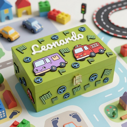 Scatola dei ricordi in legno verde personalizzata per bambino con nome Leonardo in rilievo, decorata con camion dei pompieri, furgoncino, volanti e bandierine da corsa a scacchi.