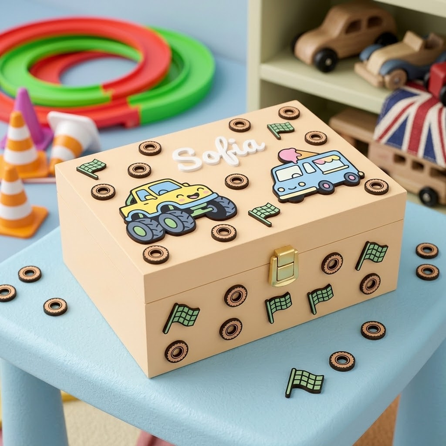 Scatola in legno personalizzata con il nome Sofia, decorata con applicazioni 3D a tema motori tra cui un monster truck giallo, un furgoncino dei gelati azzurro, bandierine a scacchi e piccoli pneumatici. Ideale come portagiochi o scatola dei ricordi per bambini.