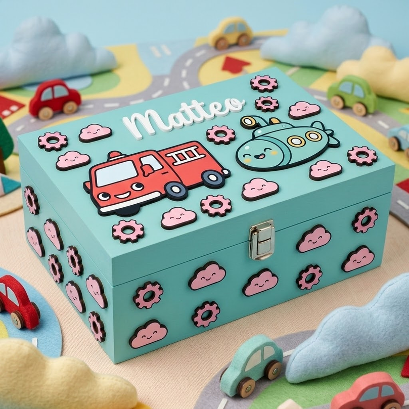Scatola dei ricordi in legno azzurra personalizzata per bambini con il nome Matteo, decorata con applicazioni 3D a rilievo di un camion dei pompieri rosso, un sottomarino, nuvolette rosa sorridenti e ingranaggi.