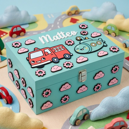 Scatola dei ricordi in legno azzurra personalizzata per bambini con il nome Matteo, decorata con applicazioni 3D a rilievo di un camion dei pompieri rosso, un sottomarino, nuvolette rosa sorridenti e ingranaggi.