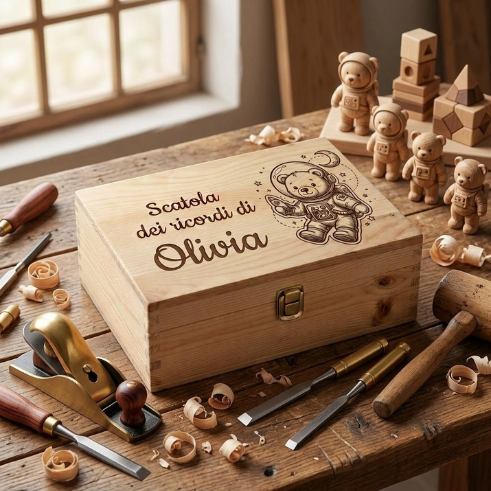 Scatola dei ricordi in legno artigianale personalizzata con incisione del nome Olivia e di un orsacchiotto astronauta, sul tavolo da lavoro con attrezzi da falegname.
