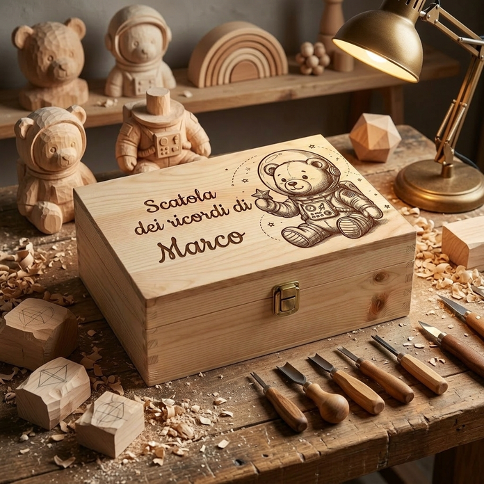 Scatola dei ricordi in legno personalizzata con nome Marco e incisione di un orsetto astronauta, stile artigianale su banco da lavoro con attrezzi da intaglio.