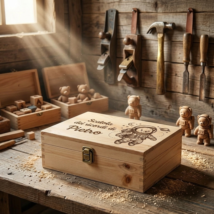Scatola dei ricordi in legno personalizzata con incisione "Scatola dei ricordi di Pietro" e disegno di un orsetto astronauta, appoggiata su un banco da falegname rustico con trucioli, attrezzi da lavoro e statuine in legno.