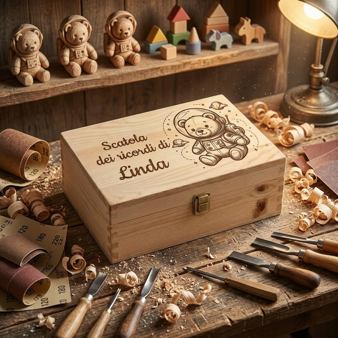 Scatola dei ricordi in legno personalizzata con incisione di un orsetto astronauta e la scritta "Scatola dei ricordi di Linda", con chiusura in metallo. Il cofanetto artigianale è appoggiato su un rustico banco da lavoro in legno, circondato da trucioli, rotoli di carta vetrata e sgorbie da intaglio. Sullo sfondo, una mensola con giocattoli in legno e una lampada da tavolo accesa.