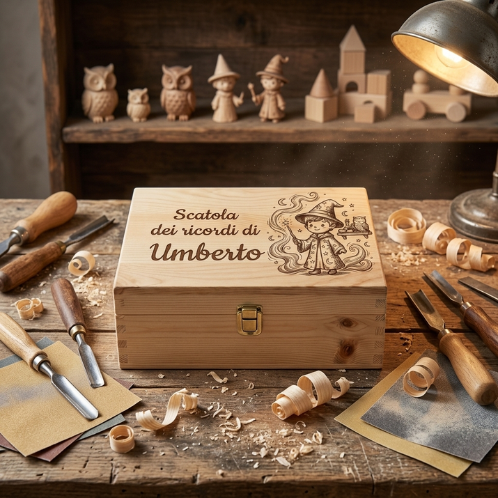Scatola dei ricordi laser tema maghi personalizzata per Umberto, incisione bambino mago con cappello stellato, regalo nascita bambino