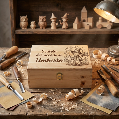Scatola dei ricordi laser tema maghi personalizzata per Umberto, incisione bambino mago con cappello stellato, regalo nascita bambino