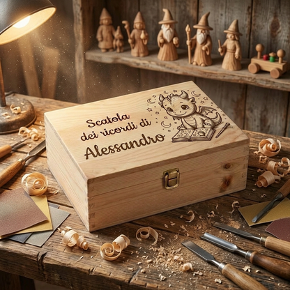 Scatola dei ricordi laser tema maghi personalizzata per Alessandro, incisione draghetto kawaii con libro magico, regalo nascita bambino