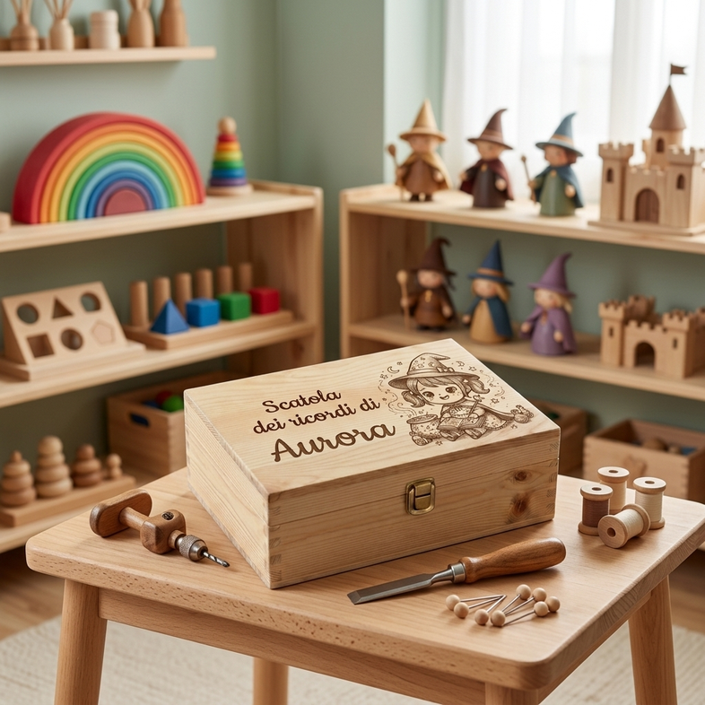 Scatola dei ricordi laser tema maghi personalizzata per Aurora, incisione bambina maghetta con bacchetta e libro, regalo nascita bambina