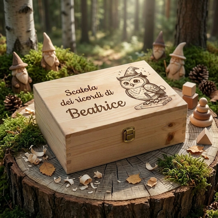 Scatola dei ricordi laser tema maghi personalizzata per Beatrice, incisione gufetto mago con pergamena, regalo nascita bambina