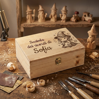 Scatola dei ricordi laser tema maghi personalizzata per Sofia, incisione bambina maghetta con codini e bacchetta magica, regalo bambina