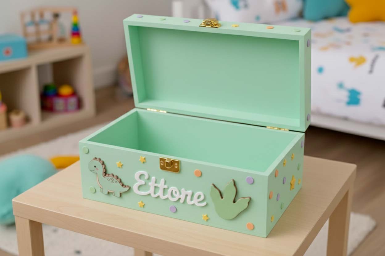 Scatola dei ricordi personalizzata verde menta con dinosauro, impronta e nome Ettore in legno, decorazioni colorate per bambini. La scatola ha il coperchio aperto. Apertura a conchiglia