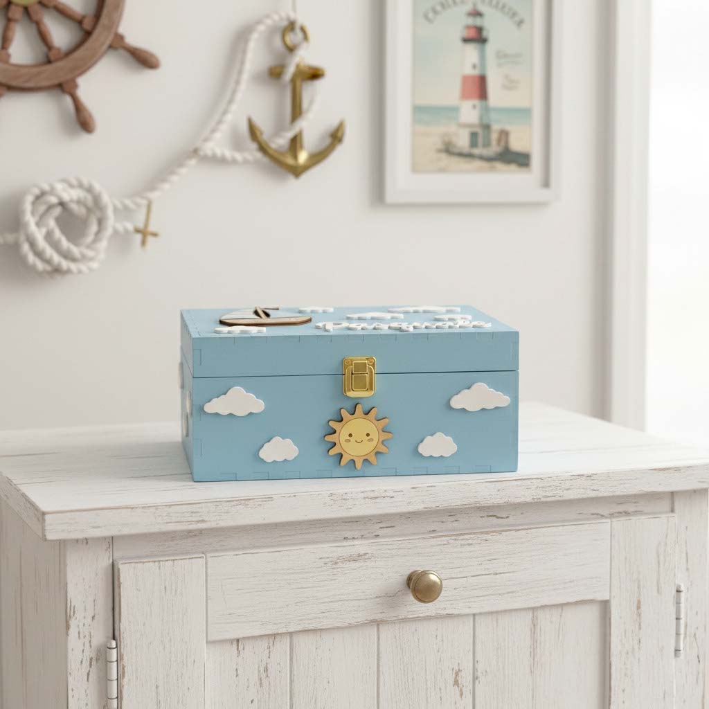 Scatola dei ricordi personalizzata azzurra con nome in legno, sole sorridente e nuvole, stile marinaro per cameretta bambino.