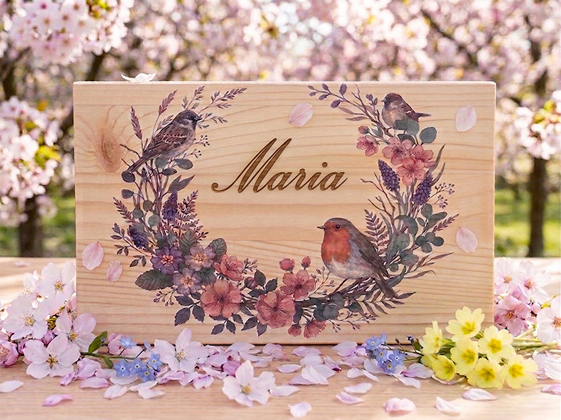 Scatola dei ricordi dipinta a tema primaverile, personalizzata, su legno di pino naturale.