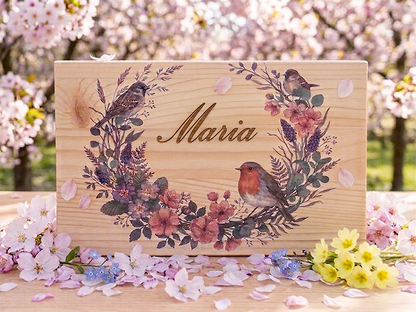 Scatola dei ricordi dipinta a tema primaverile, personalizzata, su legno di pino naturale.