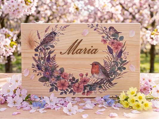 Scatola dei ricordi dipinta a tema primaverile, personalizzata, su legno di pino naturale.